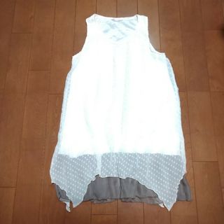 シフォンチュニックオフホワイトドット柄グレーシフォンフリル付フリーサイズ(チュニック)