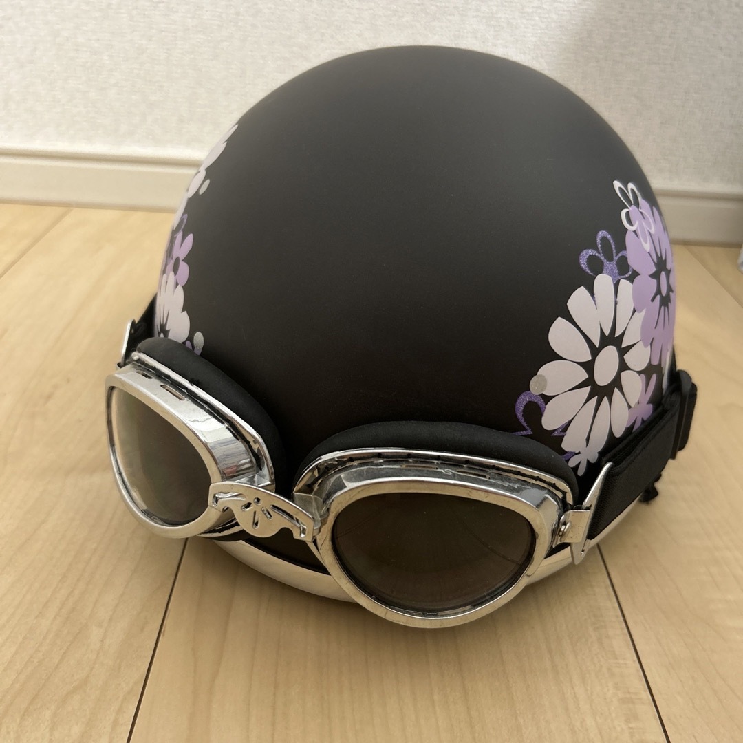 ヘルメット 半ヘル 紫 花柄 ブラック ガンメタ 美品