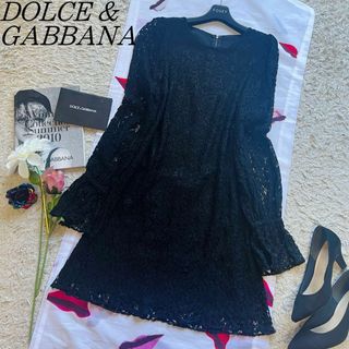 美品 ドルチェ&ガッバーナ DOLCE&GABBANA ワンピース ドレス ロングスリーブ レオパード ウール シルク トップス レディース 40(M相当) ブラック/ベージュ