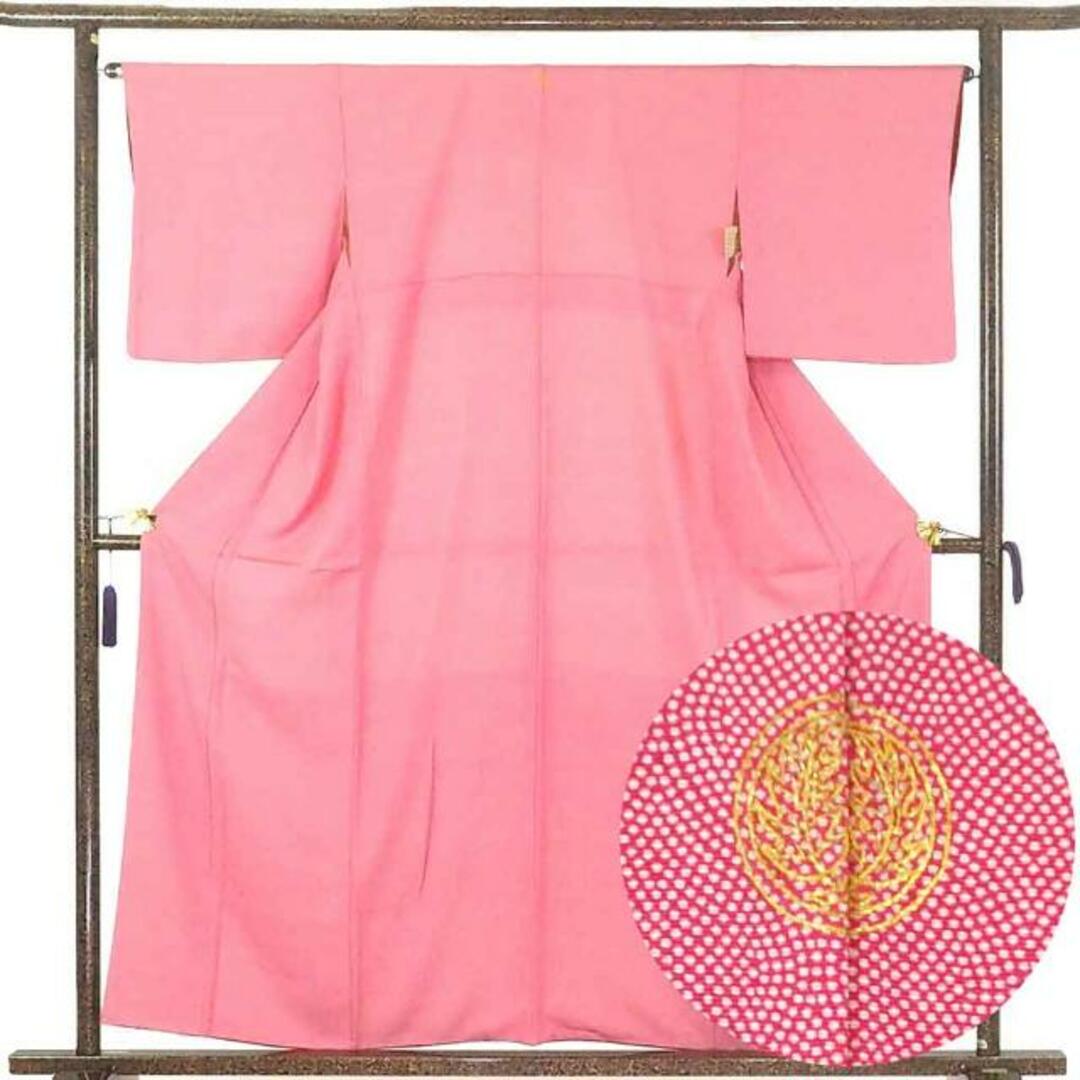 小紋 身丈158cm 裄64cm 前幅24cm 後幅30cm 袖丈47cm 正絹(シルク) レディース 袷仕立 秋冬春用 ピンク地 裄Mサイズ 美品 リサイクル リユース