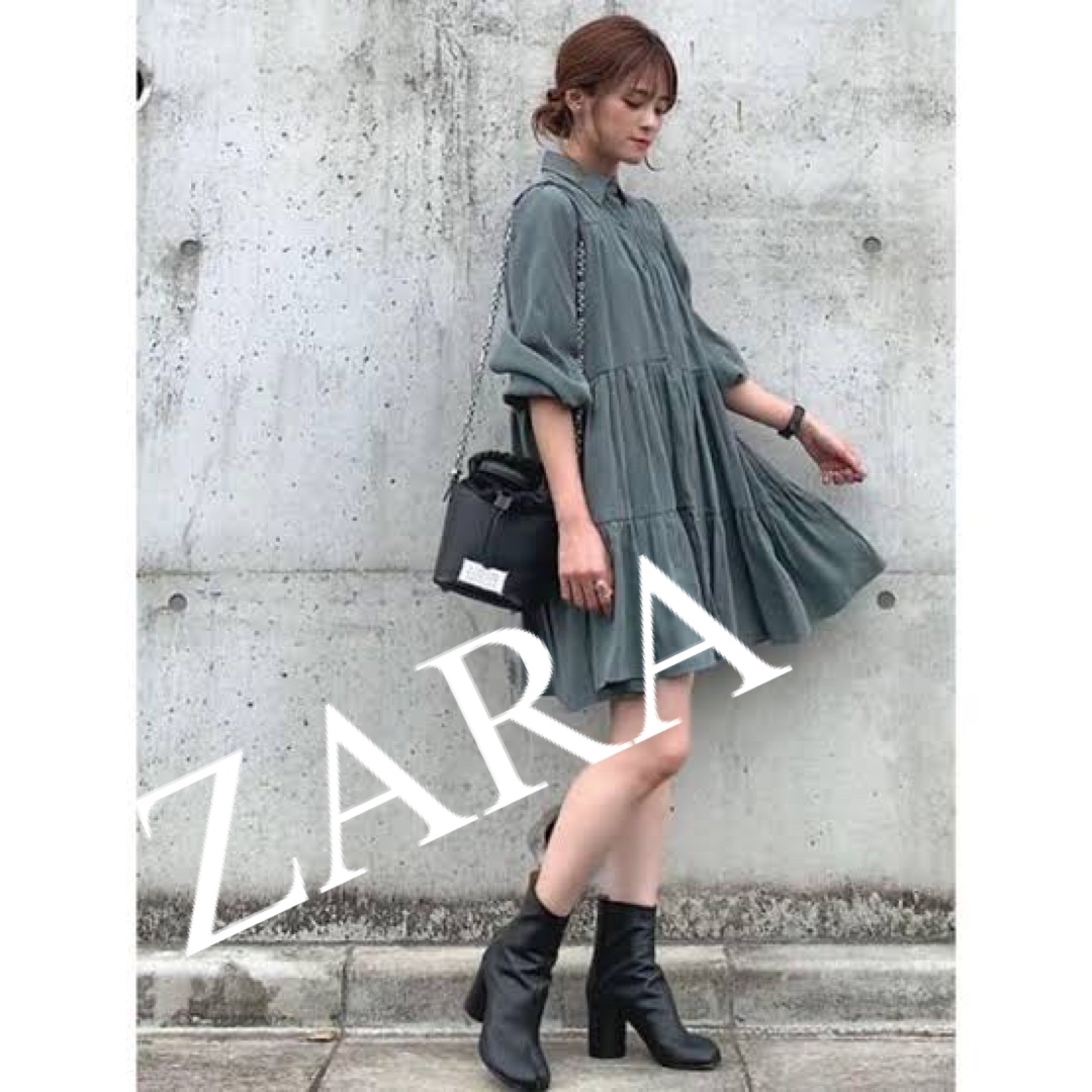 美品 ZARA ザラ ワンピース シャツ ティアード カーキ 人気 完売 | フリマアプリ ラクマ