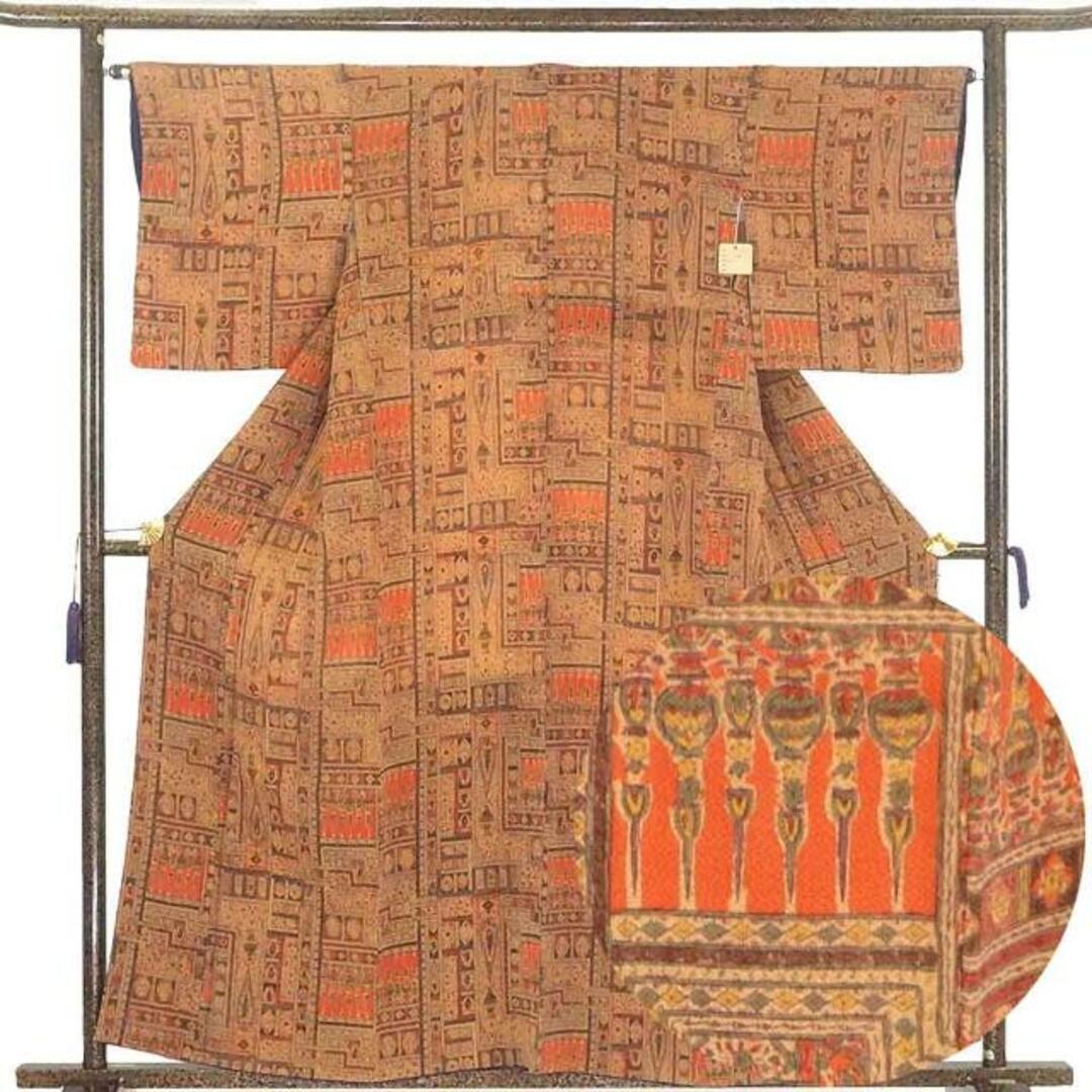 小紋 身丈157cm 裄62cm 前幅22.5cm 後幅30cm 袖丈48cm 正絹(シルク) レディース 袷仕立 秋冬春用 茶色 裄Sサイズ 未使用品 リサイクル リユース