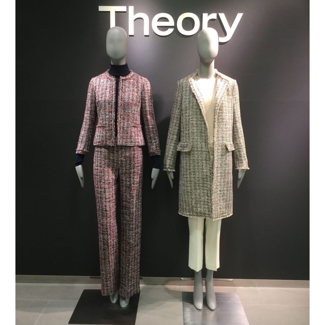 Theory 20SS ノーカラー ミックスツイードコート ネイビーマルチ