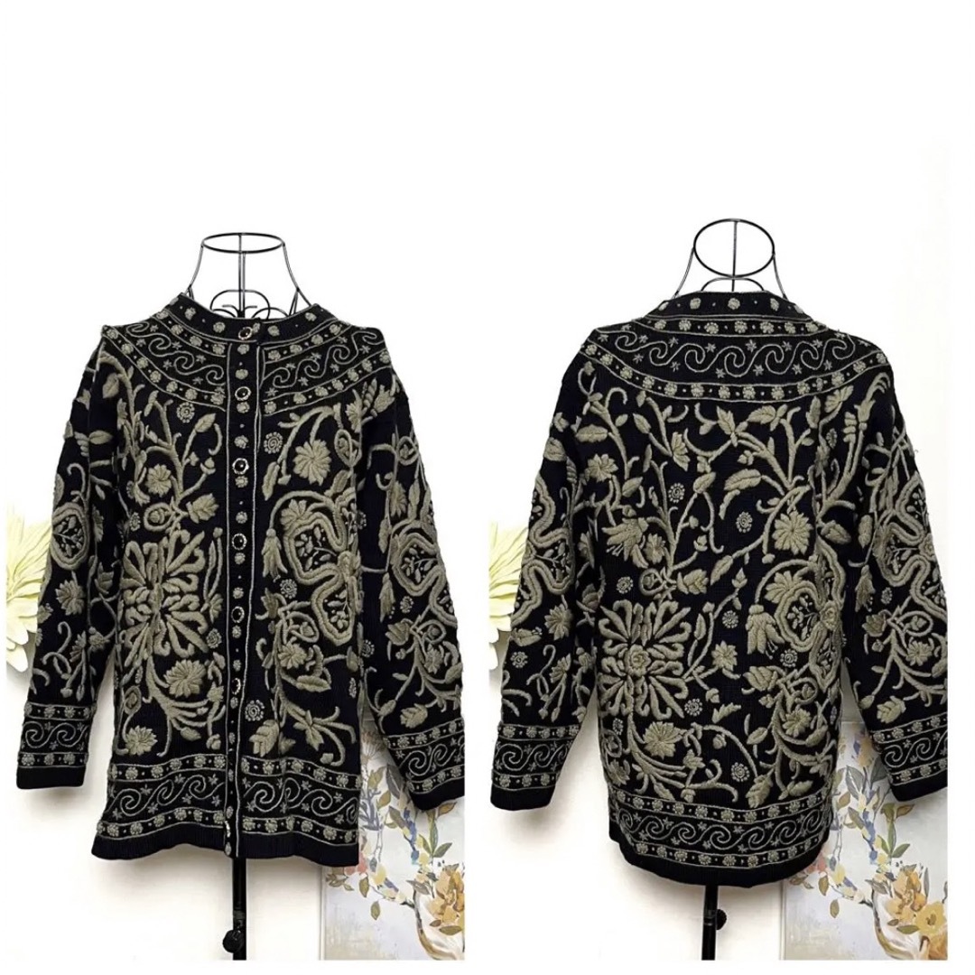 ヴィンテージ 総刺繍 カーディガン 花柄 レトロ y2K 飾りボタン 厚手 黒