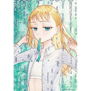 手描きイラスト オリジナル 創作 原画 青 緑 植物 水 女の子(アート/写真)