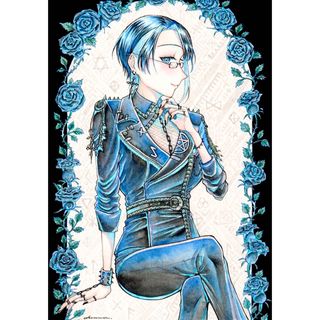 手描きイラスト オリジナル 創作 原画 青 黒 花 女の子 パンク 手描きイラスト オリジナル 創作 原画 青 黒 花 女の子 パンク