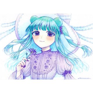 手描きイラスト オリジナル 創作 原画 緑 青 紫 花 けもみみ 女の子