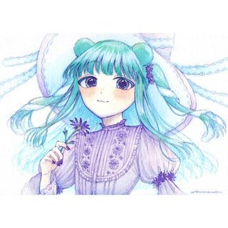 手描きイラスト オリジナル 創作 原画 緑 青 紫 花 けもみみ 女の子(アート/写真)