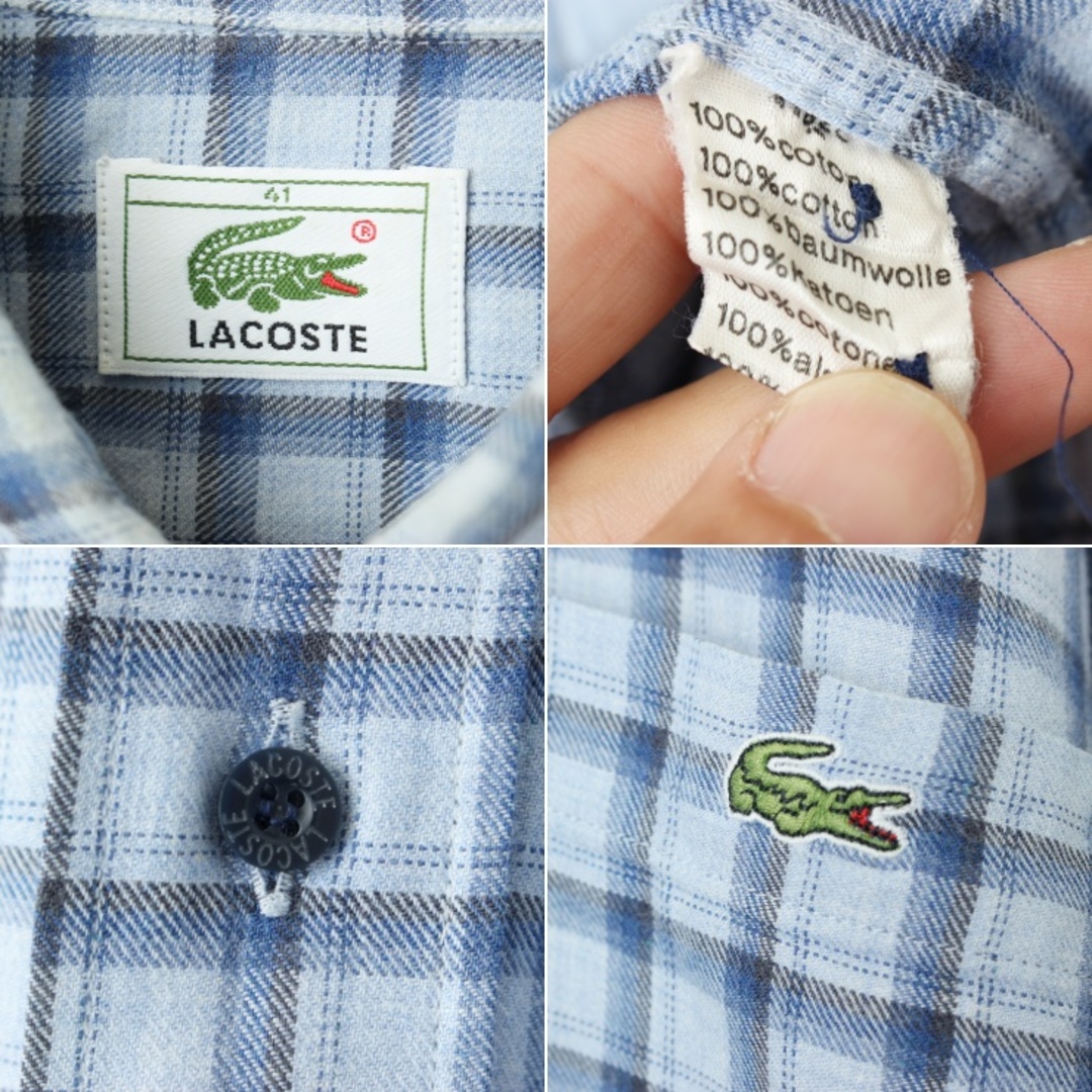 LACOSTE(ラコステ)の90s フレンチラコステ 長袖ボタンダウンチェックシャツ ブルー XL aw42 メンズのトップス(シャツ)の商品写真
