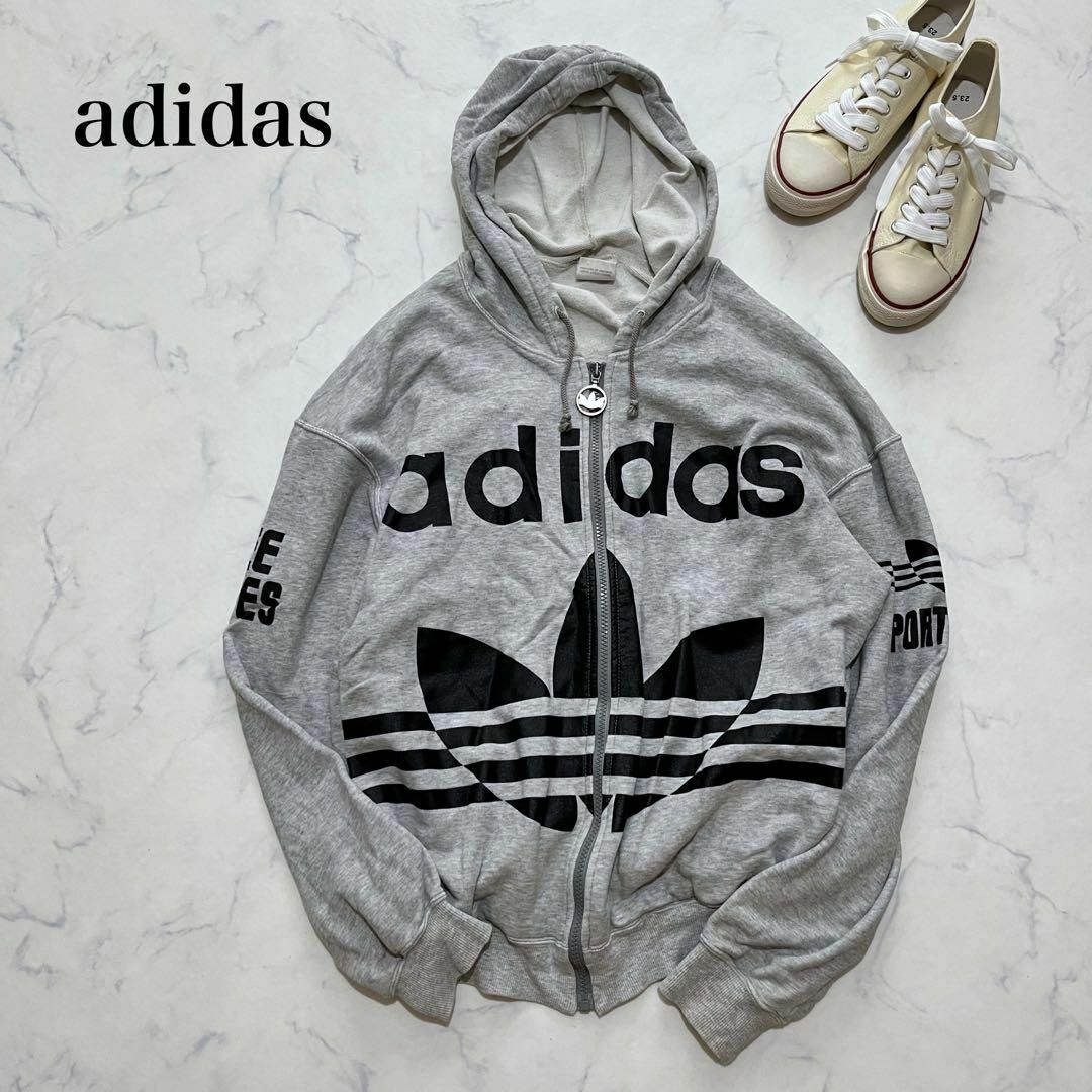 adidas ビックトレフォイル　刺繍ロゴ　ハーフジップパーカー　XLサイズ