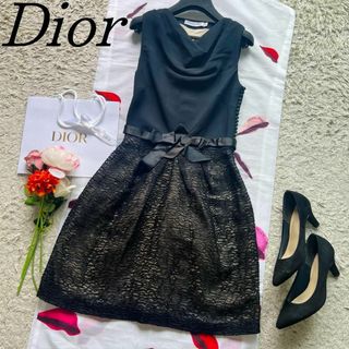 クリスチャンディオール(Christian Dior)の【美品】Christian Dior 膝丈フレアワンピース ブラック リボン(ひざ丈ワンピース)