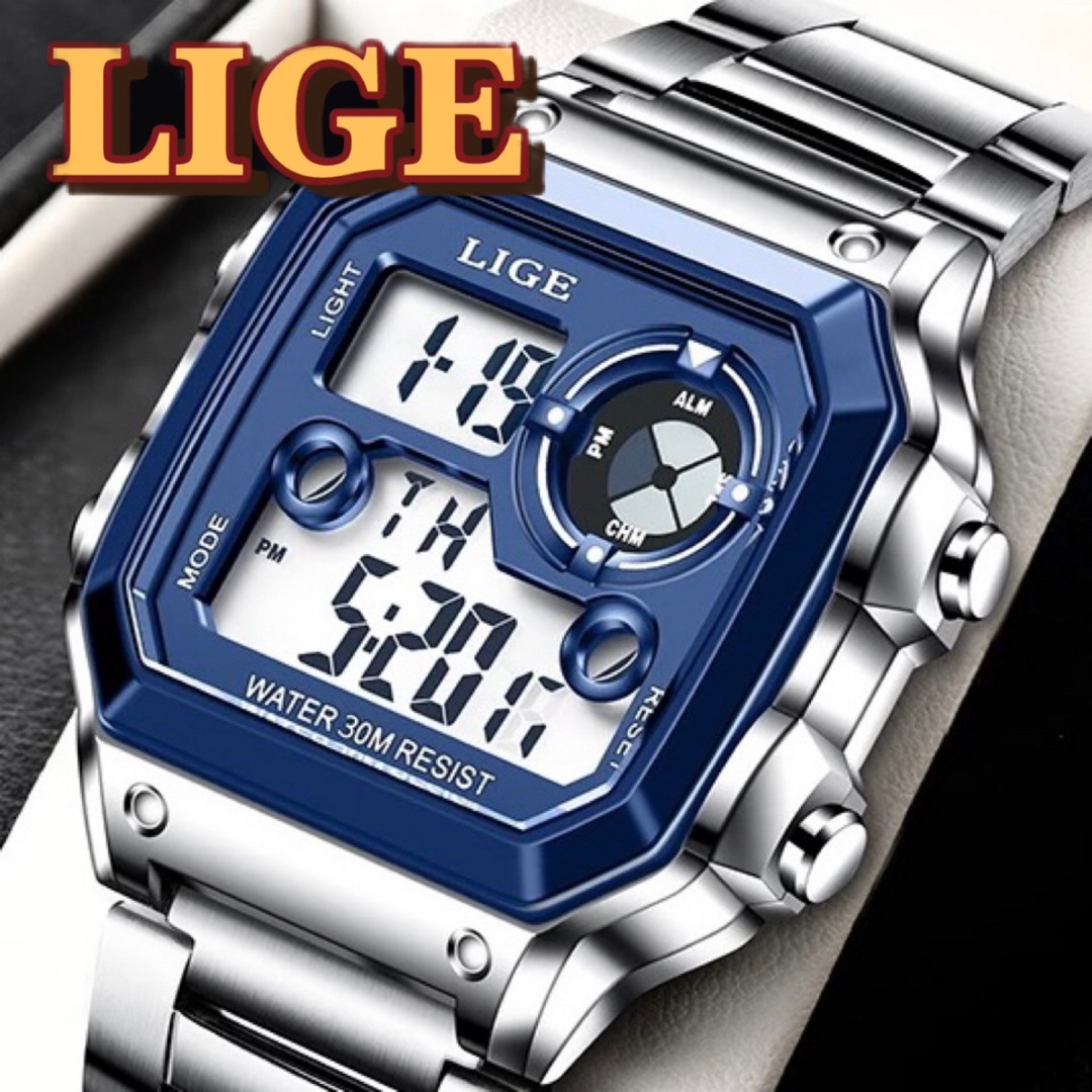 新品 LIGE スポーツオマージュデジタルウォッチ メンズ腕時計 ブルーシルバー メンズの時計(腕時計(デジタル))の商品写真
