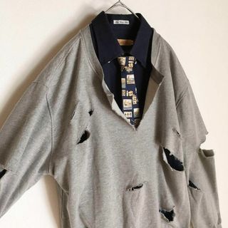 スウェット】ボロスウェット ネクタイシャツ ボロ加工 アート柄
