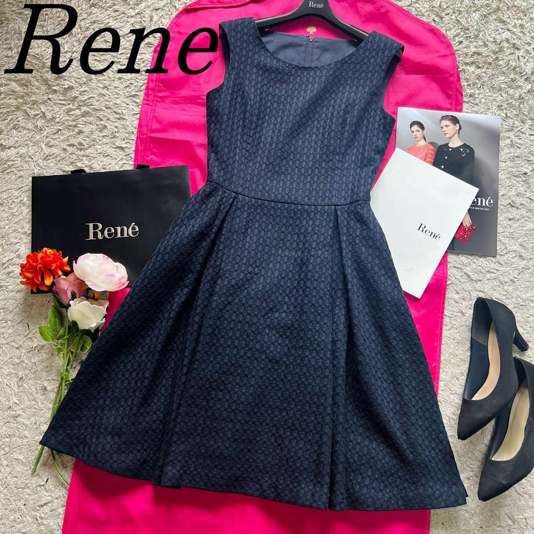 【美品】Rene フレアワンピース ネイビー ノースリーブ TISSUE 36