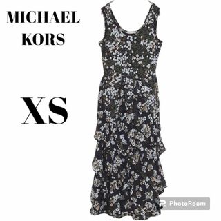 マイケルコース(Michael Kors)の【マイケルコース】ロングワンピース（XS）黒　花柄　フリル　総柄　ノースリーブ(ロングワンピース/マキシワンピース)