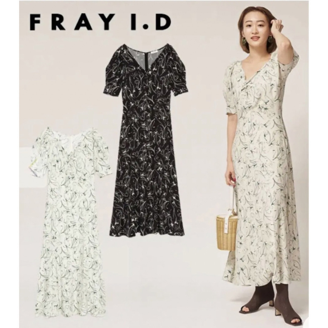 【美品】FRAY I.D ラインフラワースリーブタックワンピース レディースのワンピース(ロングワンピース/マキシワンピース)の商品写真