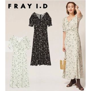 【美品】FRAY I.D ラインフラワースリーブタックワンピース(ロングワンピース/マキシワンピース)