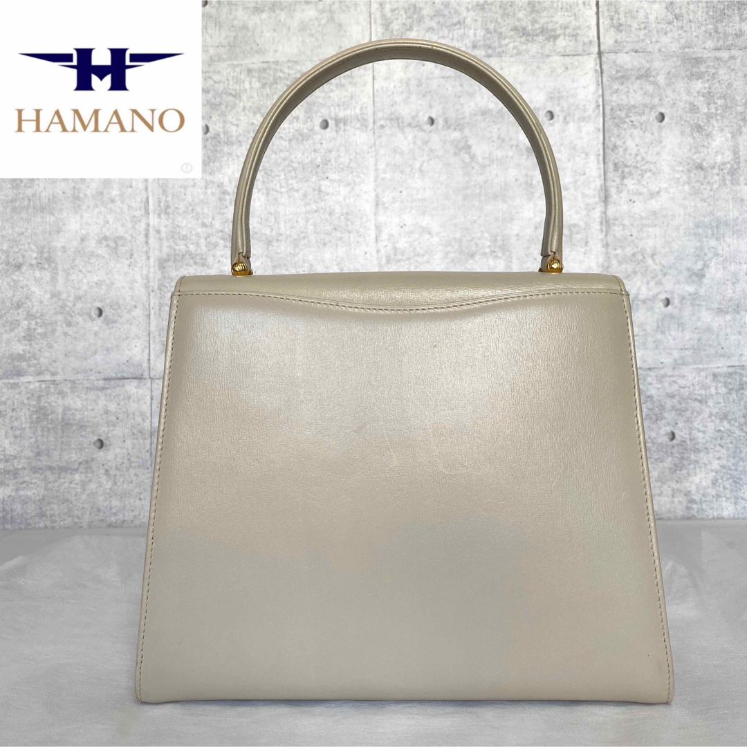 【良品】HAMANO カーフレザー オフホワイト ゴールド金具 ハンドバッグ