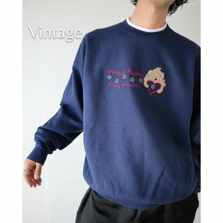 アートヴィンテージ(ART VINTAGE)の【vintage】子犬 ドッグ ワッペン 刺繍 ルーズ スウェット 濃紺 XL(スウェット)