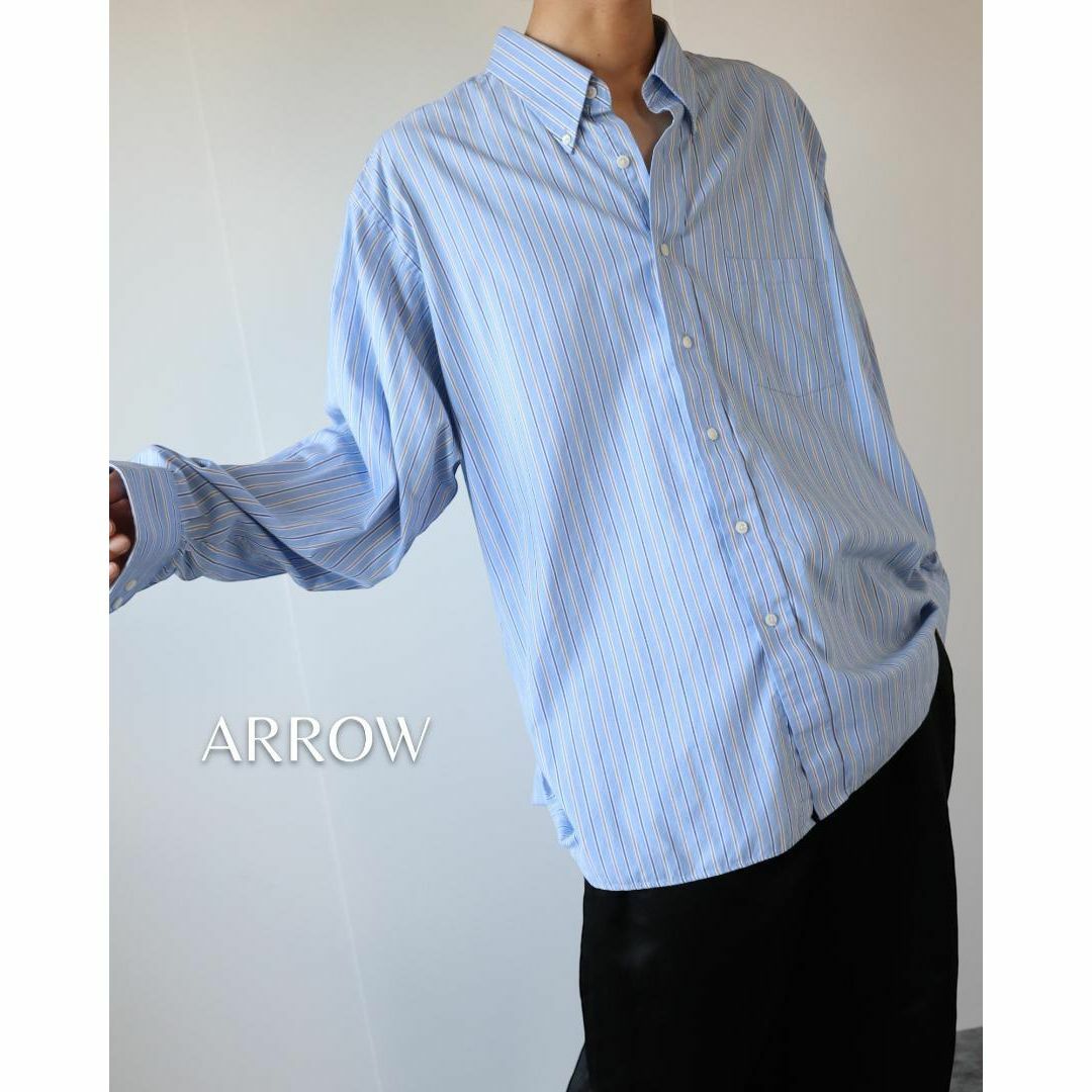 【ARROW】ミックス ストライプ ボタンダウン ルーズ 長袖シャツ 水色 XL