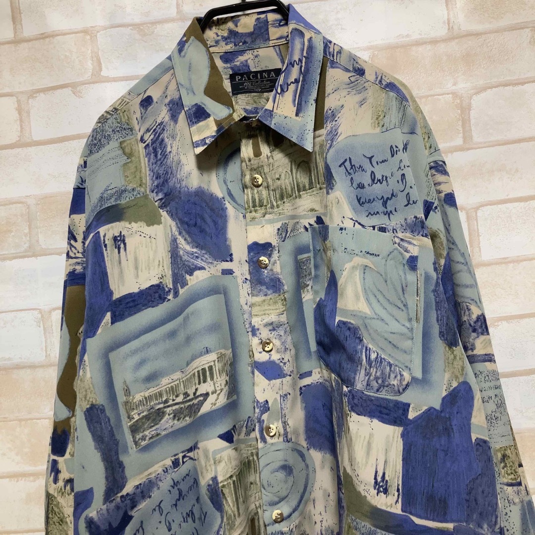 【希少】vintage 昭和レトロ アート柄 長袖 柄シャツ ポリシャツ Mひなの古着屋