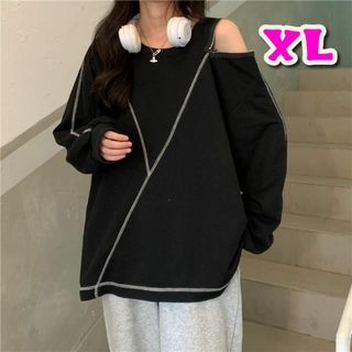 1点限り オープンショルダー ブラック XL トップス 長袖Tシャツ チャック(Tシャツ(長袖/七分))