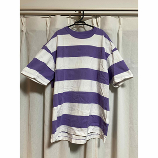 ギャップ(GAP)のGAP 太ボーダー Tシャツ S 白 ラベンダー 縞模様 薄紫 古着(Tシャツ/カットソー(半袖/袖なし))