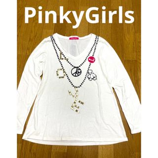 ピンキーガールズ(PinkyGirls)のピンキーガールズ　ロンT チュニック　長袖白　スタッズ　ネックレス柄　チャック(Tシャツ(長袖/七分))