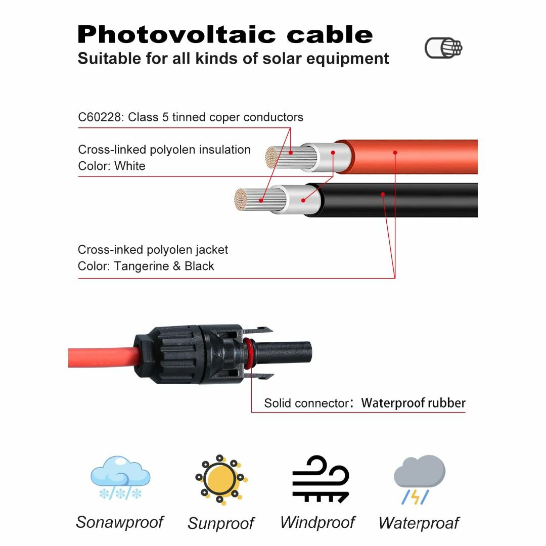 WBGADAM mc4 延長 ケーブル 3m 10AWG 6sq ソーラーパネル