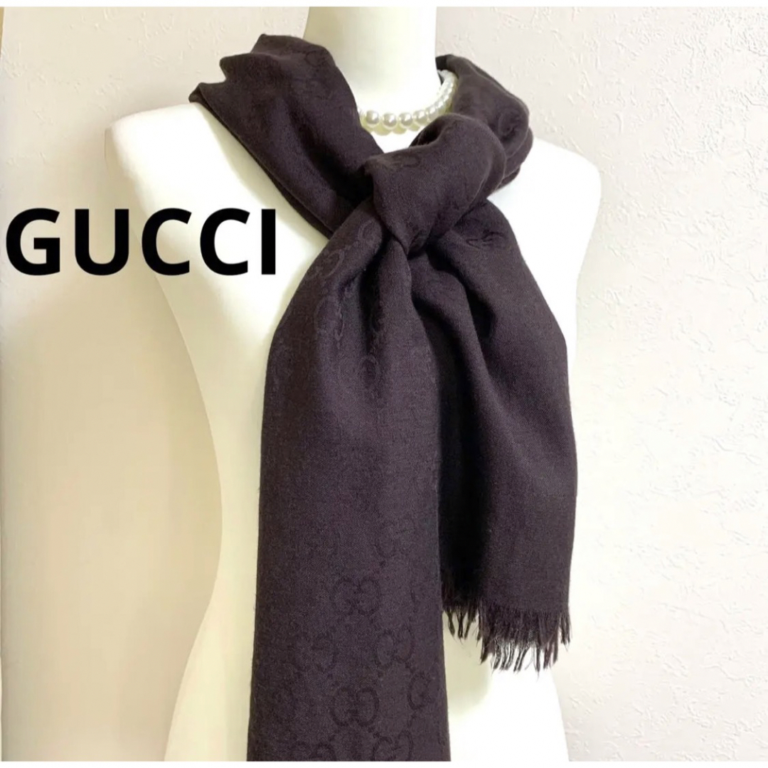Gucci - 【良品】GUCCI GG柄 大判 ショール ブラウン ウール/シルク製