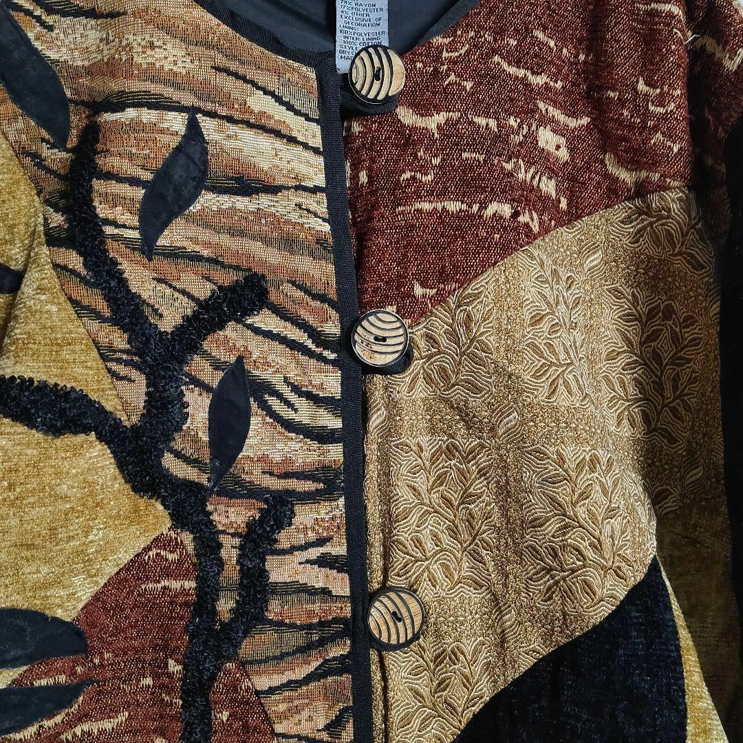 【古着】ゴブラン織り ジャケット ブロックパターン パッチワーク ボタニカル柄 レディースのジャケット/アウター(その他)の商品写真