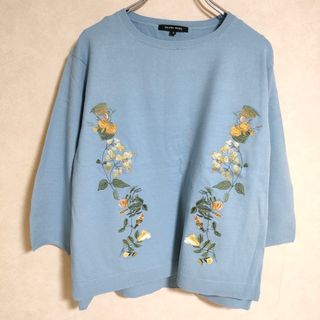 トランスワーク(TRANS WORK)のTRANS WORK 花刺繍 サイズ38 七分袖 ニット ライトブルー レディース トランスワーク【中古】3-0904M△(ニット/セーター)