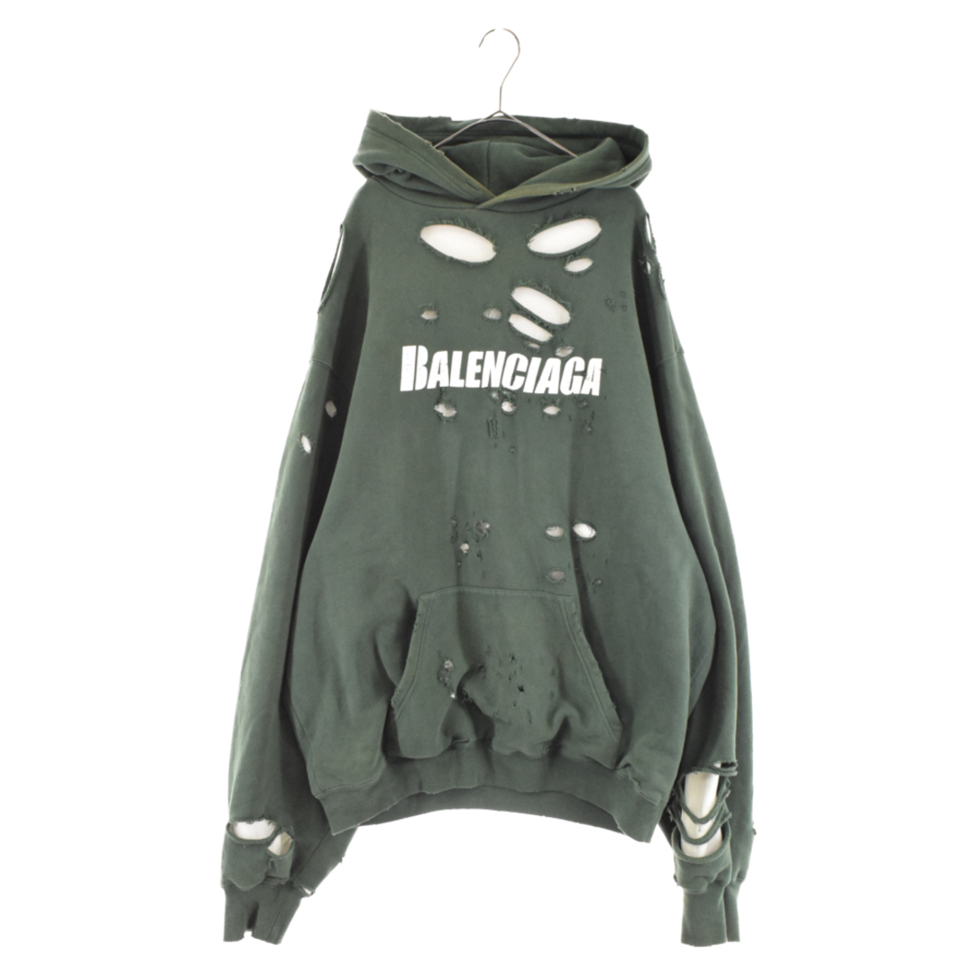 BALENCIAGA バレンシアガ 21SS Caps Destroyed Hoodie キャップス デストロイド フーディ プルオーバーパーカー ダメージ加工 659403 TKVB6 グリーン