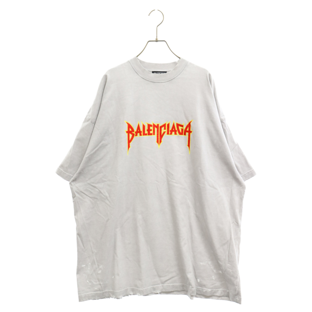 BALENCIAGA バレンシアガ 22SS METAL LOGO CRASHED S/S TEE クラッシュ加工 メタルロゴ ペンキ半袖Tシャツ カットソー ライトグレー 694576 TMV88