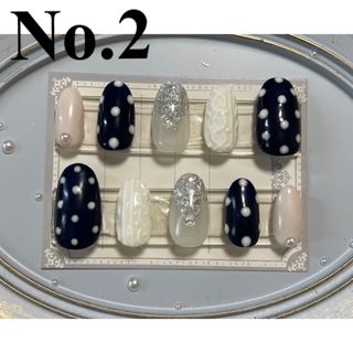 No.2〜ネイビードットニットネイルチップ　オーバル(つけ爪/ネイルチップ)