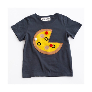 アミアミ(AmiAmi)のami amie ポンポン付き半袖ピザ柄Ｔシャツ　チャコールグレー?100(Tシャツ/カットソー)