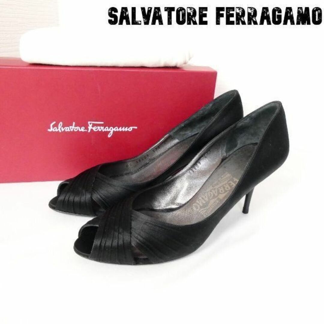 美品 Salvatore Ferragamo サテン オープントゥ パンプス