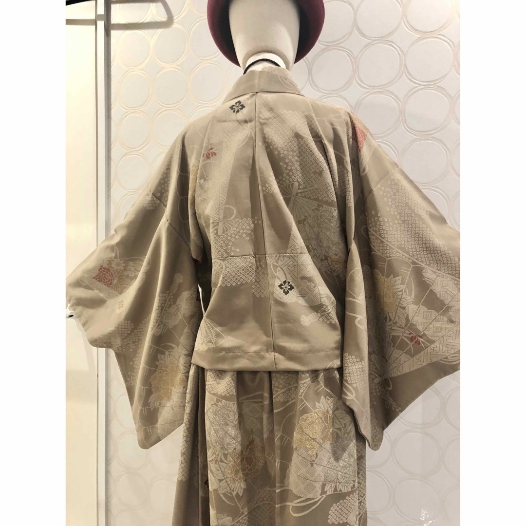 着物リメイク 正絹 扇 牡丹 ショート丈羽織 ロングスカート レディースのワンピース(ロングワンピース/マキシワンピース)の商品写真
