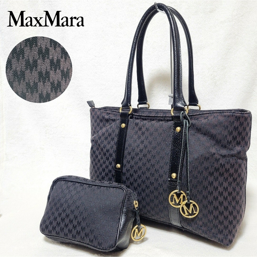 良品】Max Mara トートバッグ M総柄 M金具 チャーム ポーチ付き 黒-