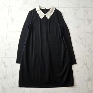 フォクシー(FOXEY)の【美品】フォクシー　白襟　レザー　ワンピース　ニット　花柄　フラワー　長袖(ひざ丈ワンピース)