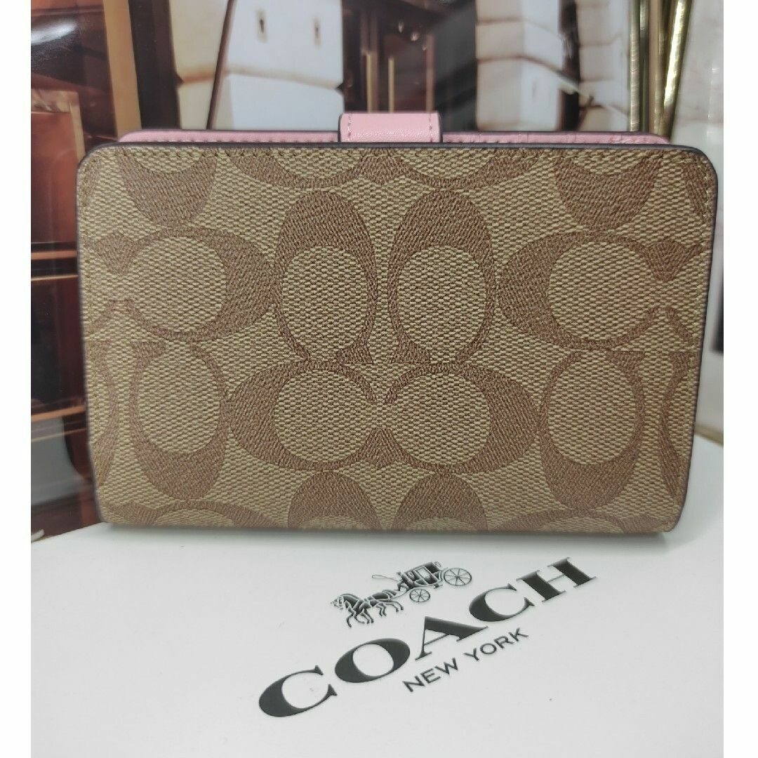 ⏹️未使用⏹️F23553 COACH コーチ 折り財布 カーキ系&ピンク1