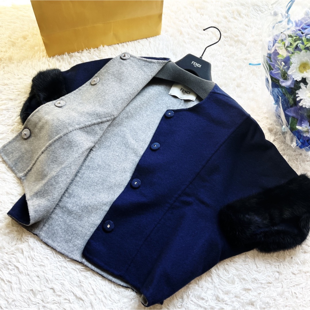 極美品 FENDIフェンディ ミンク カシミヤ ダブルフェイス ケープ コート