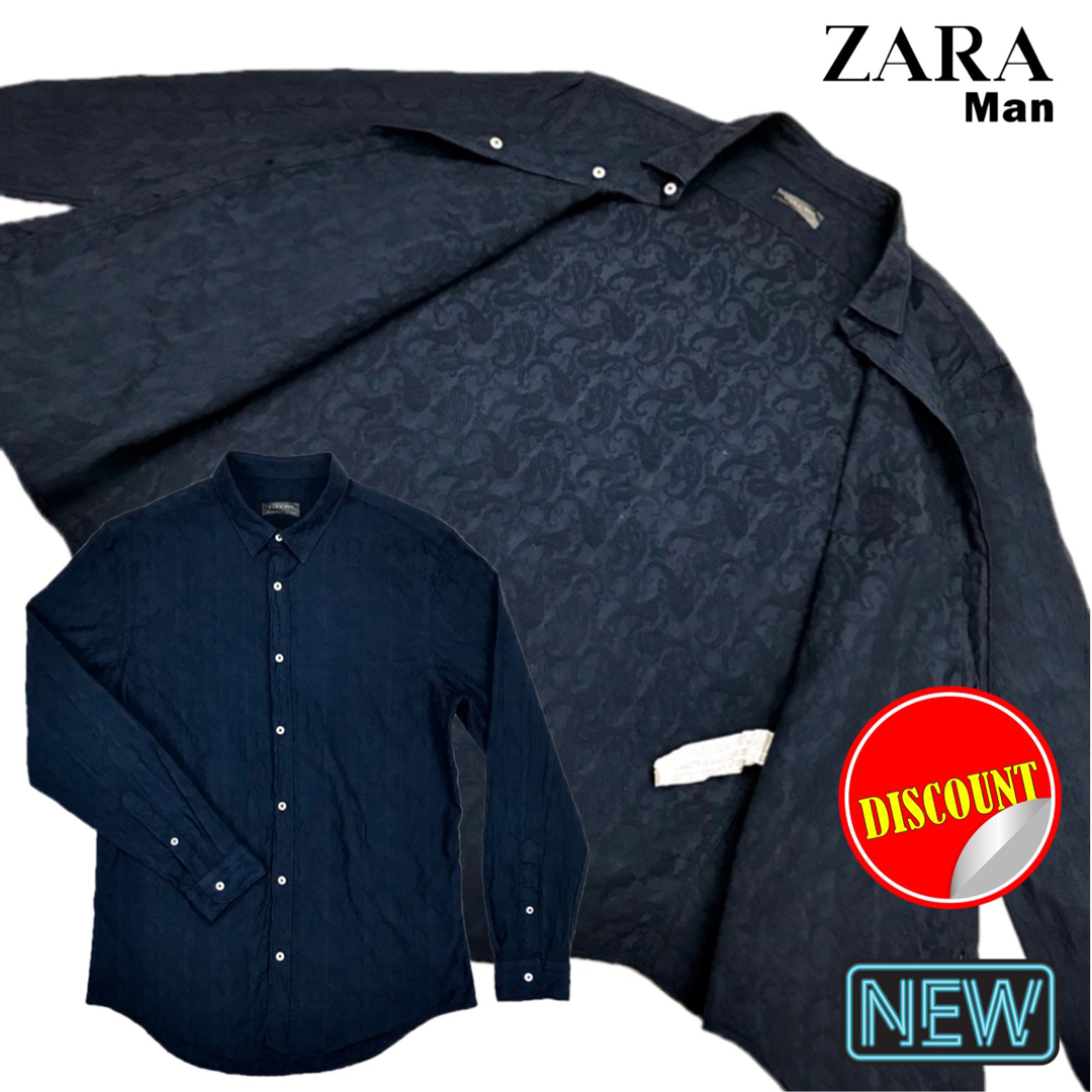 約45㎝袖丈ZARA Man新品★ネイビー総柄 セルフパターン・ペイズリー カジュアルシャツ