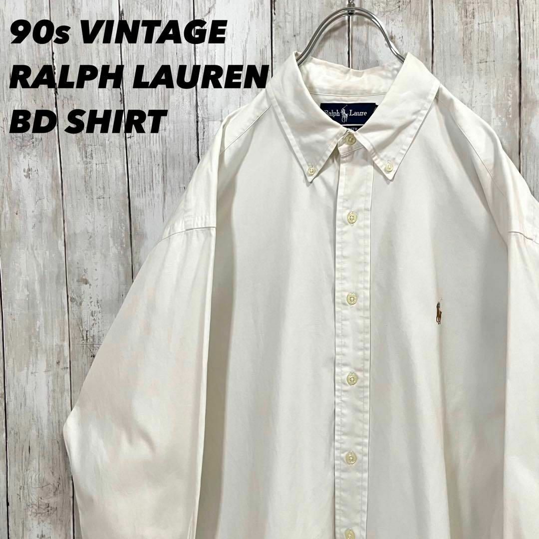 Ralph Lauren(ラルフローレン)の90sビンテージ古着　ラルフローレン　カラーポロ刺繍ピンポイントオックスBD 白 メンズのトップス(シャツ)の商品写真