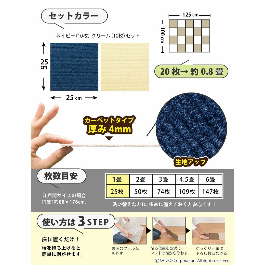 【日本製 撥水 消臭 洗える】サンコー ずれない タイルカーペット 25×25c