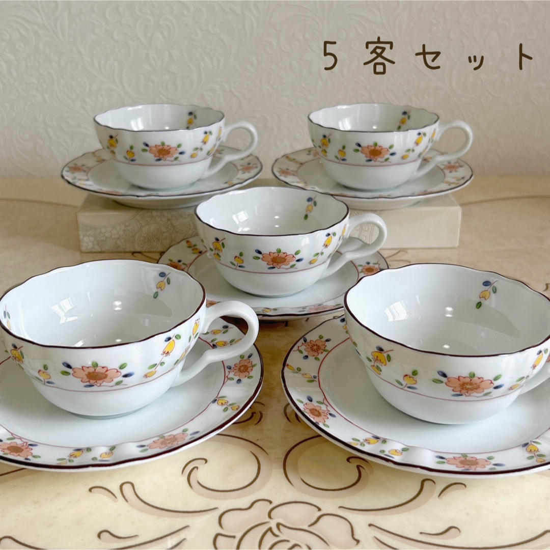 たち吉　カップ＆ソーサー　5客セット　赤絵花紋　コーヒー碗皿　茶器セット　金彩