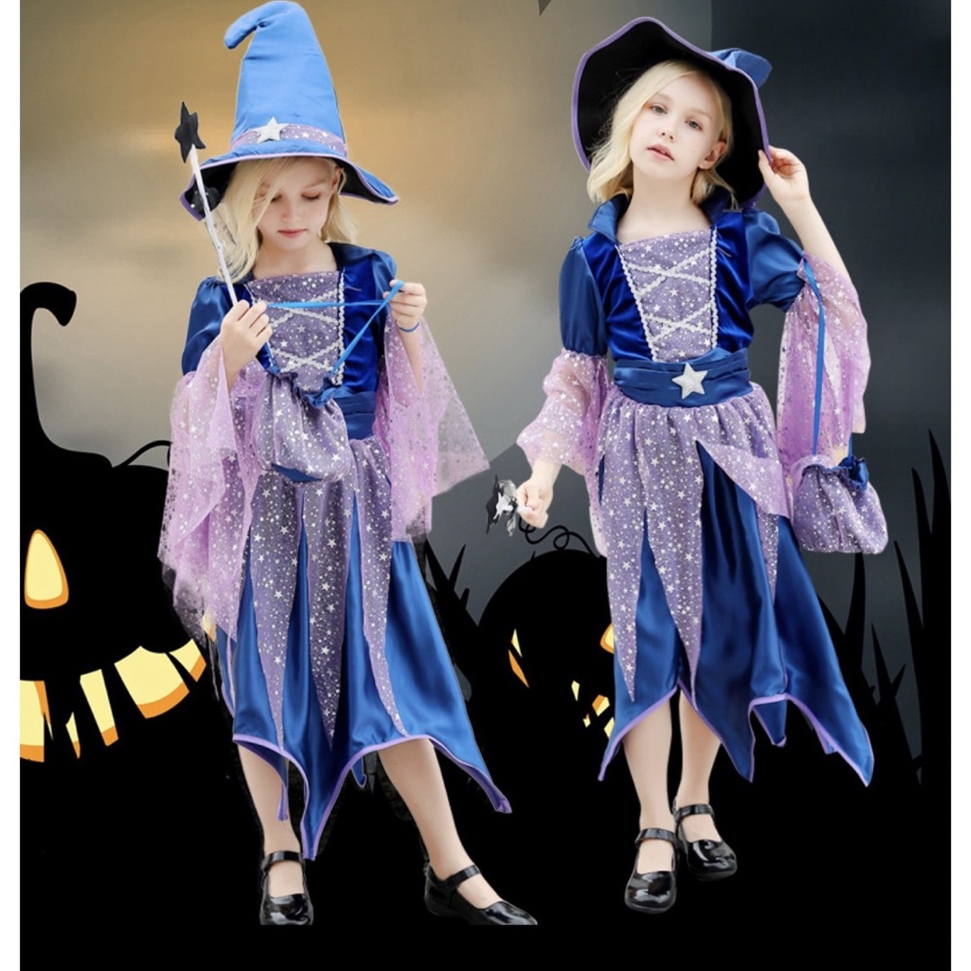 ハロウィン 衣装 子供用 魔法使い 子供服 魔女 コスプレ 3点セット 100 キッズ/ベビー/マタニティのキッズ服女の子用(90cm~)(ワンピース)の商品写真