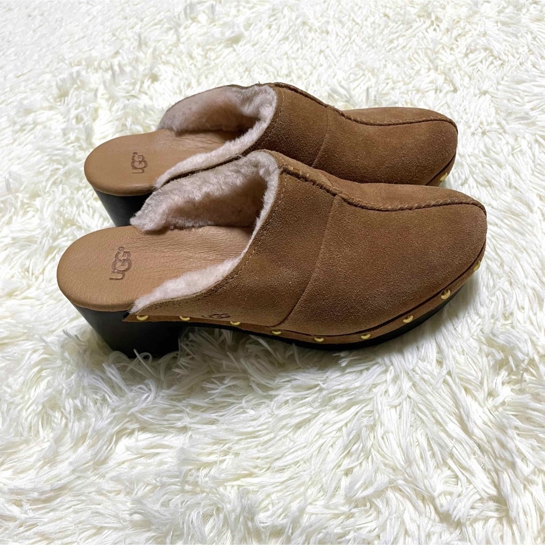 UGG ムートン サボサンダル 24 茶 ハイヒール チャンキーヒール スエード