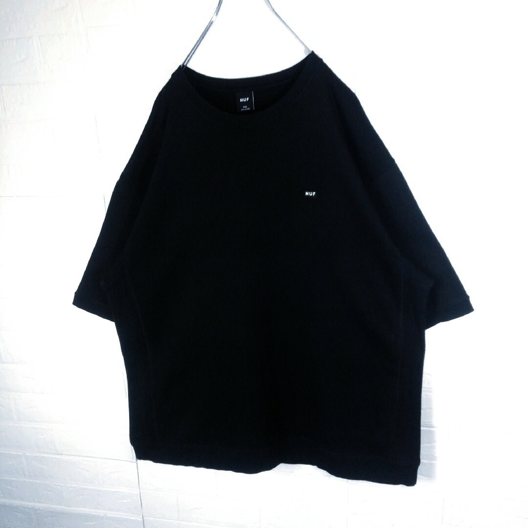 HUF(ハフ)》ビッグシルエット ボックスロゴ刺繍 スウェット Tシャツ 黒-