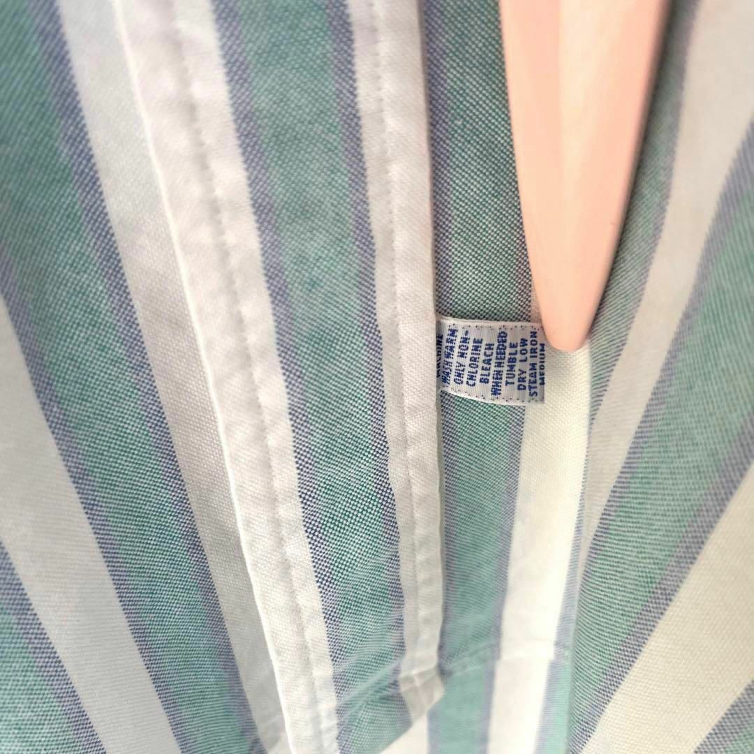 90sビンテージラルフローレン　カラーポロ刺繍ロゴストライプBDシャツ白緑青